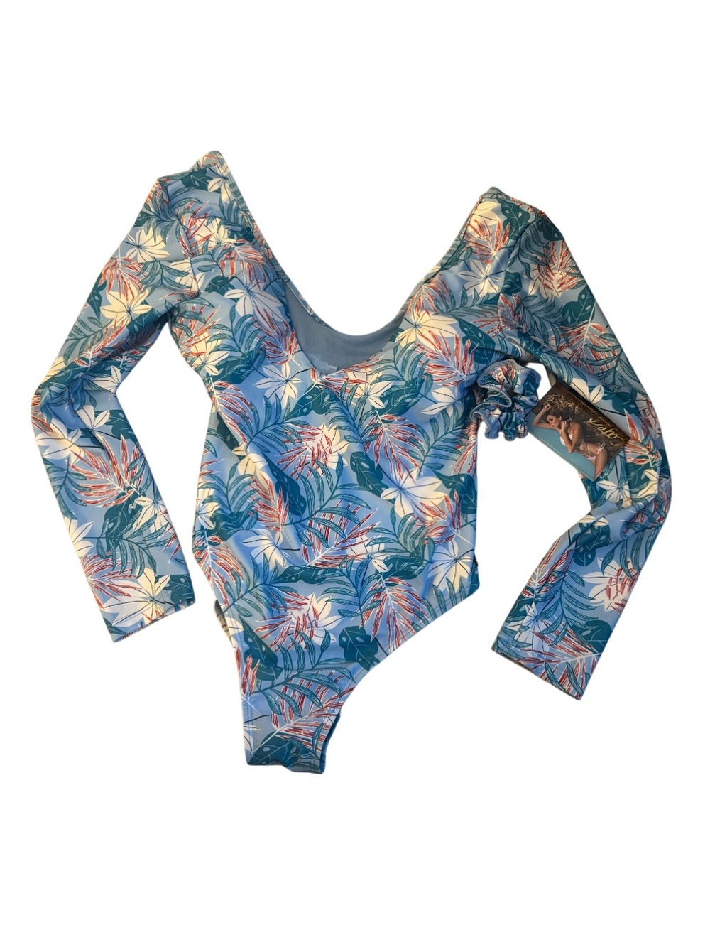 Cafe 7 Floral Tropical Long Sleeve One-Piece Swimsuit Blue w Scrunchie - Size XL
